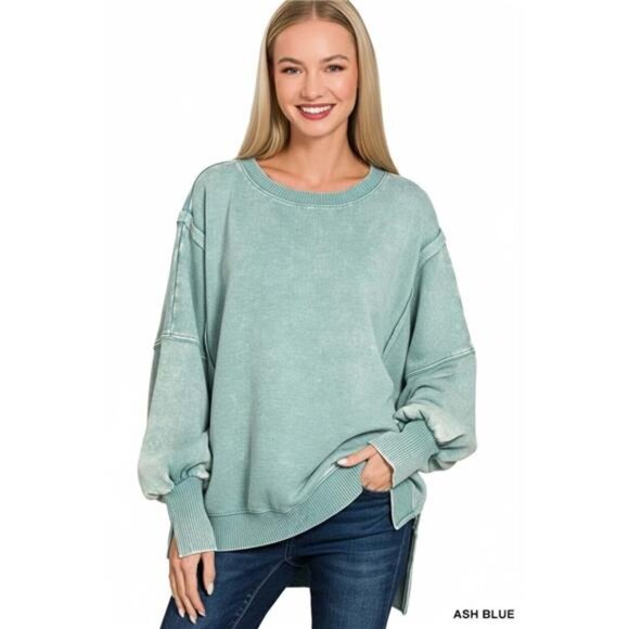 Zenana Outfitters Tops - Zenana Acid Washed Batwing Sleeve Fleece Sweatshirt